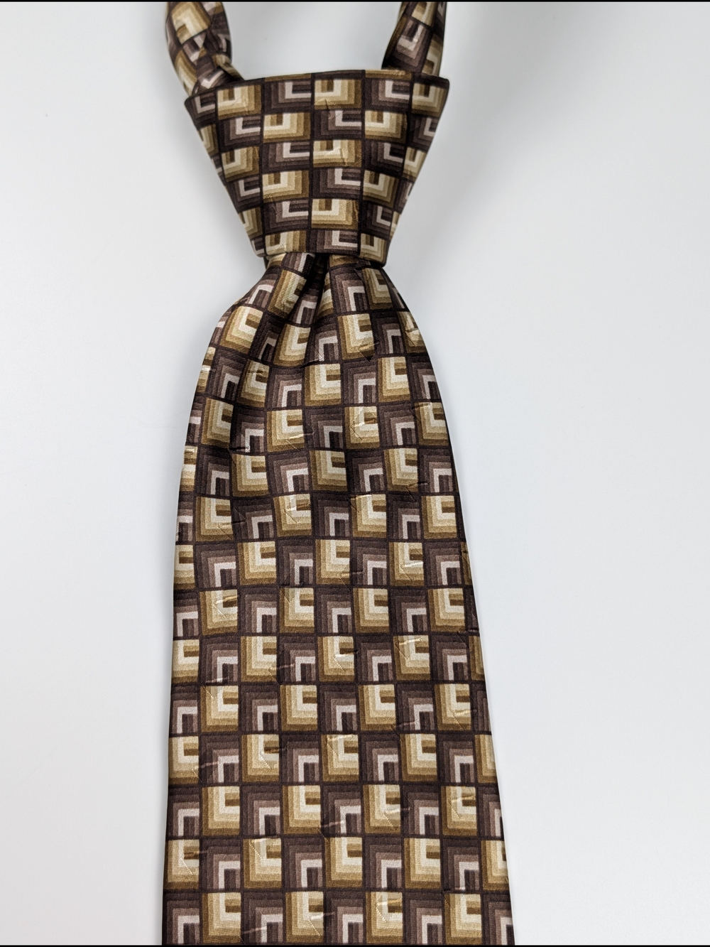 Ferucci Silk Tie Vintage Brown Tan Cream Geometric Square Pattern Handmade 4"